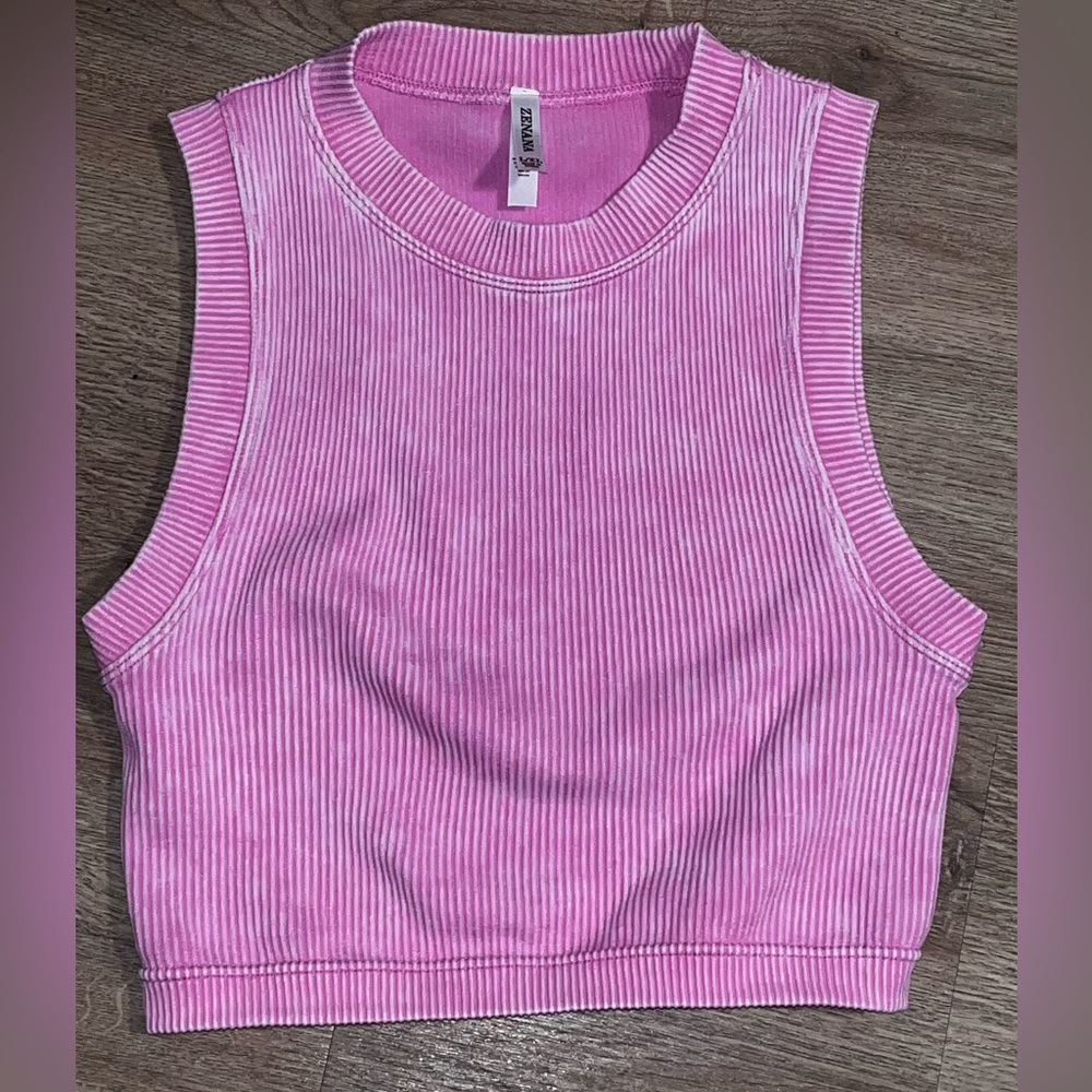 NWT Zenana Candy Pink Ribbed Seamless Cropped Tank –Washed Finish-Multiple Sizes - Picture 5 of 10